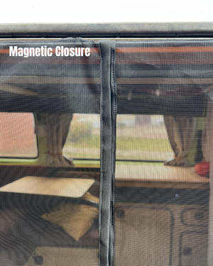 Screen door with a magnetic closure feature, showing a clear view through the mesh.
