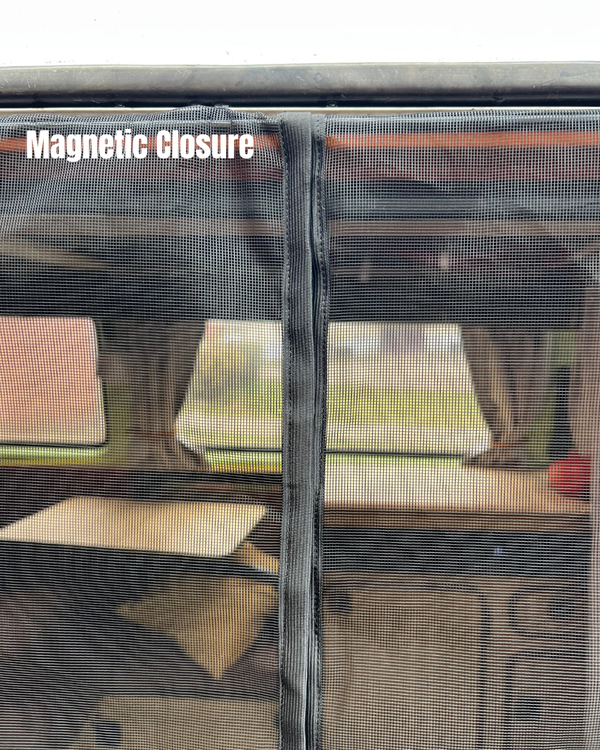 Screen door with a magnetic closure feature, showing a clear view through the mesh.