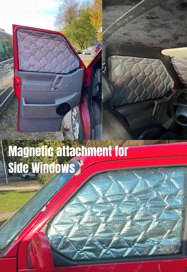 Car interior with quilted door panel, seat cover, and window shade with magnetic attachment feature.