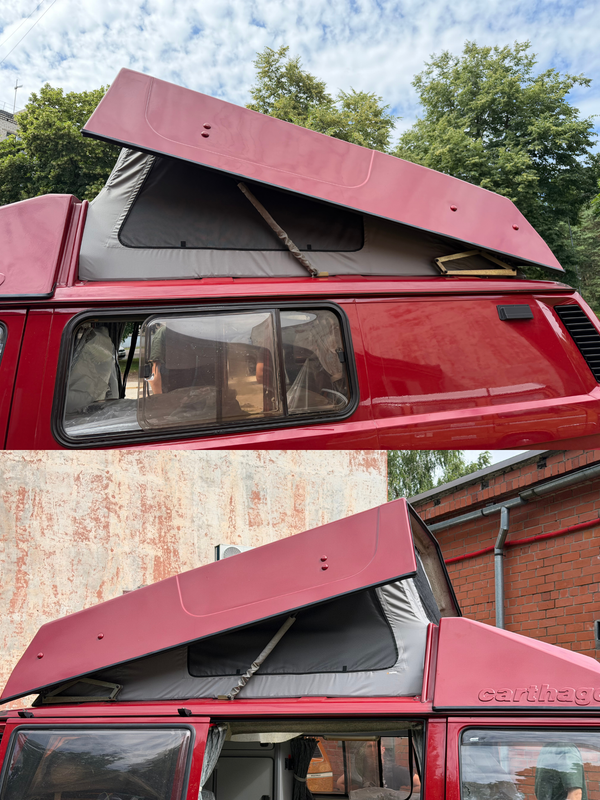 A red pop-up camper roof tent shown in two stacked photos, demonstrating the upper compartment with the lid open and the lower compartment with the tent pitched. The background shows trees and an outdoor brick wall.