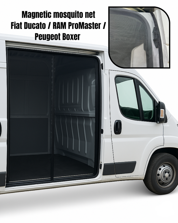 Magnetic mosquito net for Fiat Ducato, RAM ProMaster, and Peugeot Boxer vans.