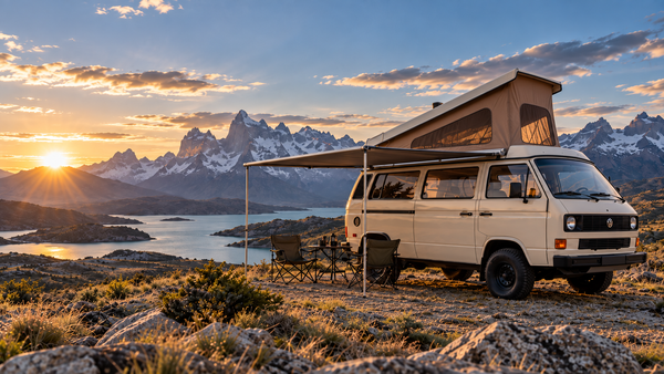 A cream-colored vintage Volkswagen camper van with a pop-up roof and side awning parked outdoors on a rocky hillside, with a mountain lake and snow-capped peaks at sunset.