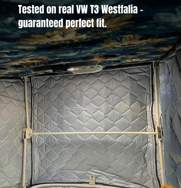 Insulated wall panel with quilted design inside a vehicle, featuring text about a guaranteed perfect fit on a real VW T3 Westfalia.