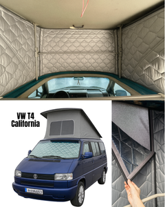 Kolaż kampera VW T4 California z widokiem paneli izolacyjnych od środka i z zewnątrz.