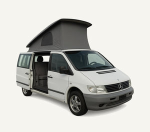 White Mercedes Marco Polo with a grey pop-top roof canvas