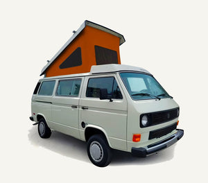 VW T3 Westfalia with the pop-top roof raised and an orange canvas