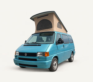 Blue VW T4 with a beige pop-top roof canvas